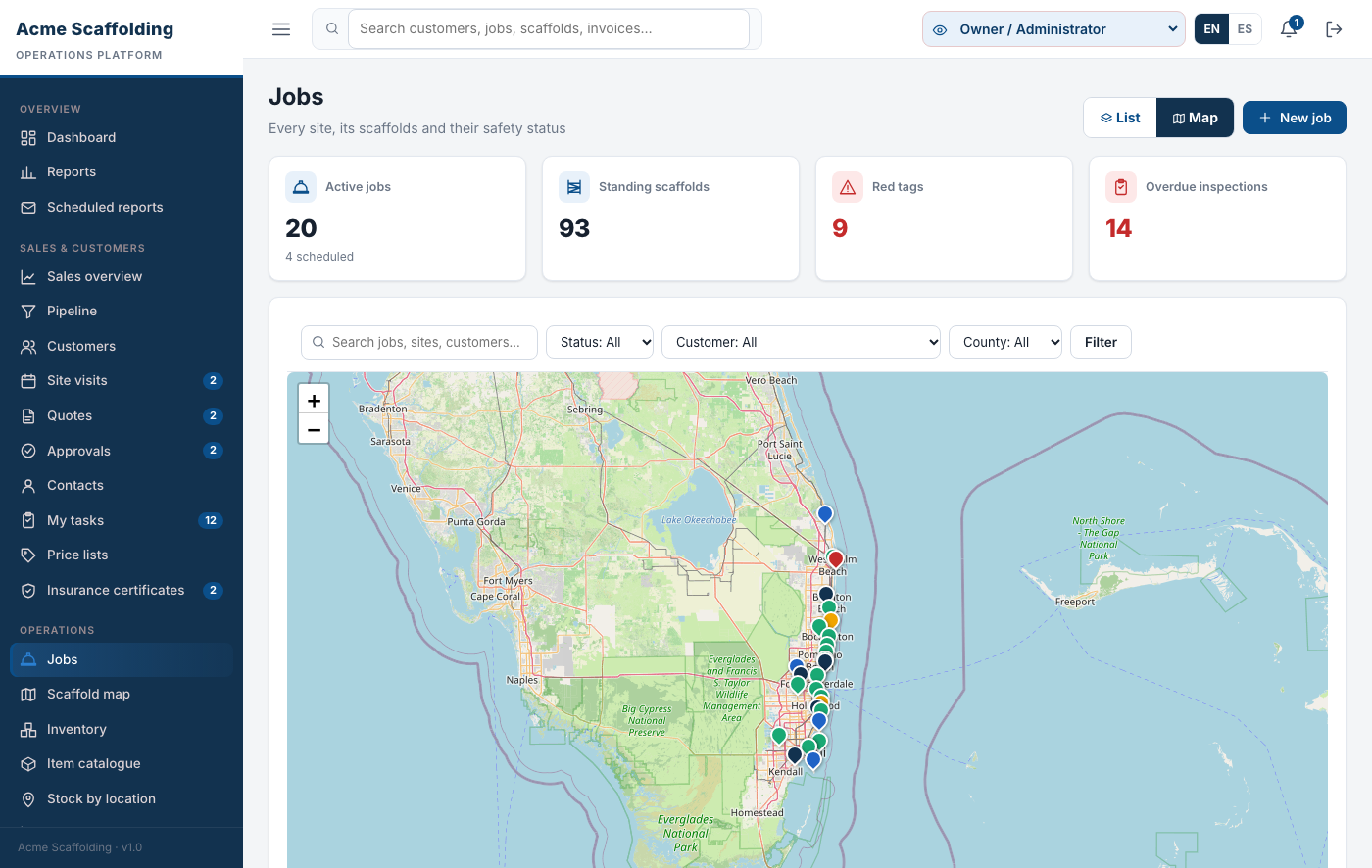 Jobs and scaffolds on a live map