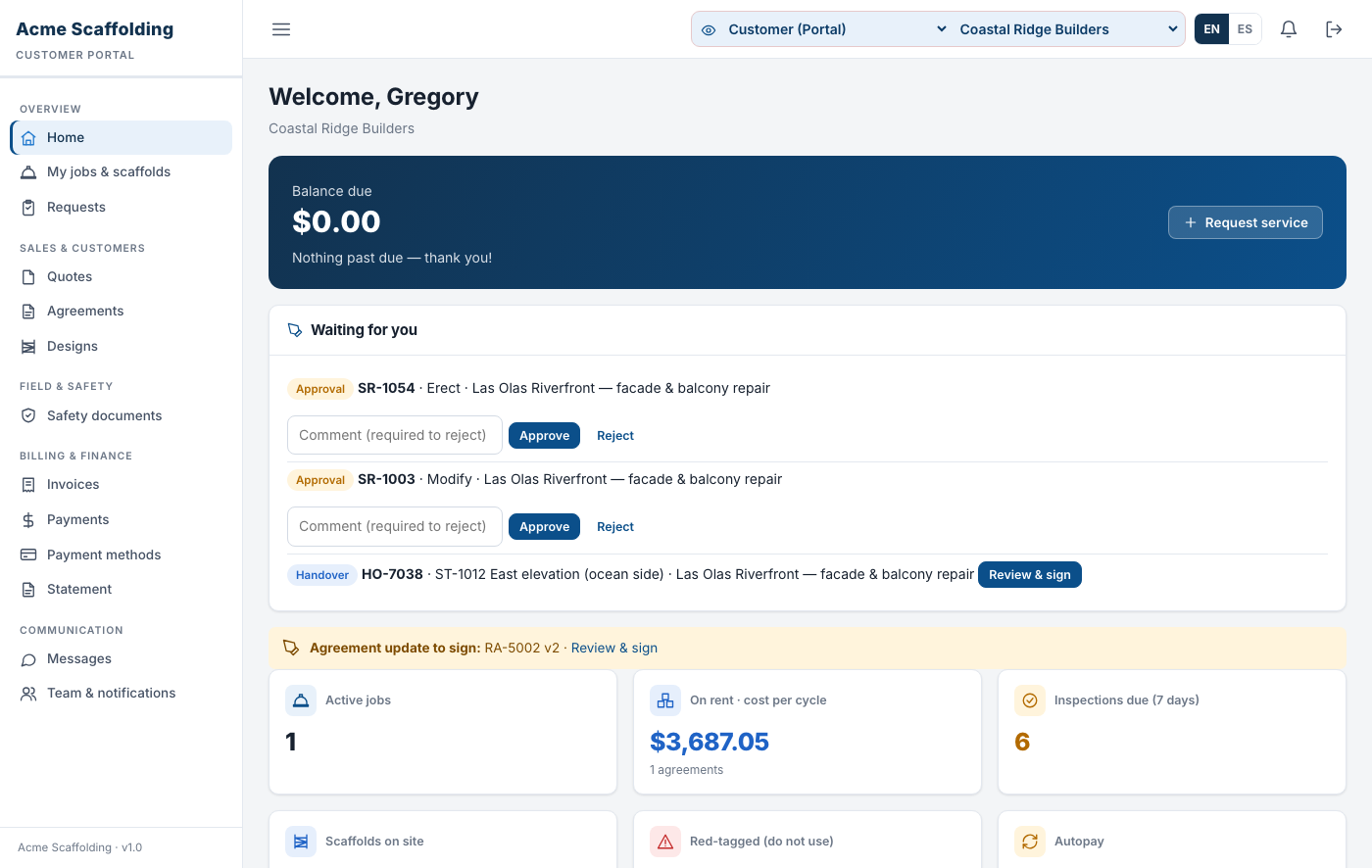 Customer portal home